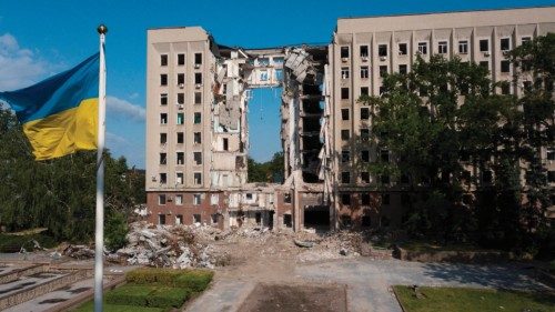 This photograph taken on June 10, 2022, shows the regional government building destroyed by a ...