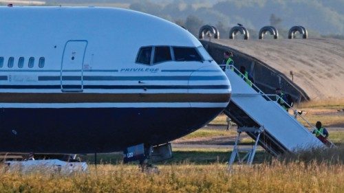 A Boeing 767 sits on the runway at the military base in Amesbury, Salisbury, on June 14, 2022, ...