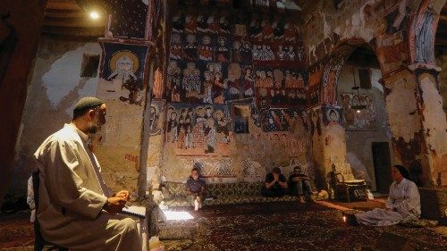 Monks and nuns sit in prayer and contemplation at Deir Mar Moussa Al-Habashi (St Moses the Ethiopian ...