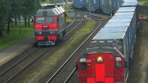 A freight train from Russian enclave Kaliningrad arrives at the border railway station in Kybartai, ...
