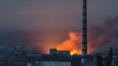 Smoke and flame rise after a military strike on a compound of Sievierodonetsk's Azot Chemical Plant, ...