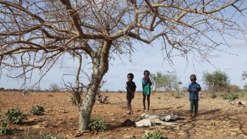 Internally displaced Somali children Ali Abdulahi, Osman Abdulahi and Mohamed Abdulahi stand near ...