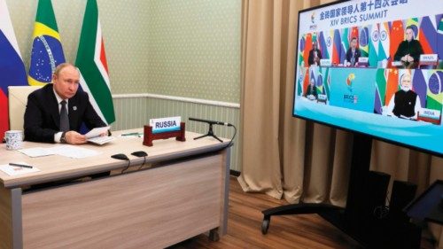 Russian President Vladimir Putin takes part in the XIV BRICS summit in virtual format via a video ...