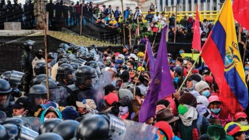 Demonstrators try to enter the National Assembly in Quito on June 23, 2022, in the framework of ...