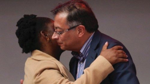 Colombia's President-elect Gustavo Petro and Vice President-elect Francia Marquez embrace after ...