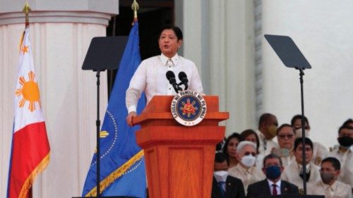 New Philippine President Ferdinand Marcos Jr. delivers a speech after he was sworn in as the ...