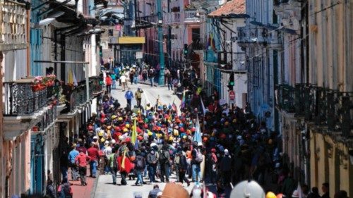 Demonstrators gather in Quito on June 29, 2022, in the framework of indigenous-led protests against ...