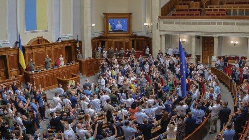 European Commission President Ursula von der Leyen delivers a speech via video link to Ukrainian ...