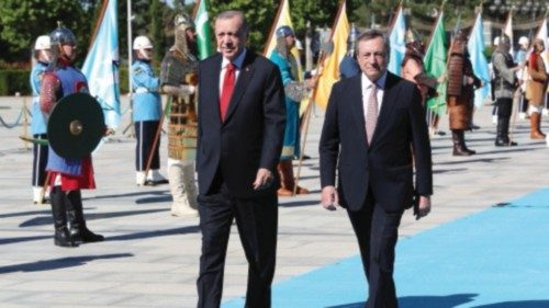 Turkey's President Tayyip Erdogan and Italy's Prime Minister Mario Draghi attend a welcoming ...