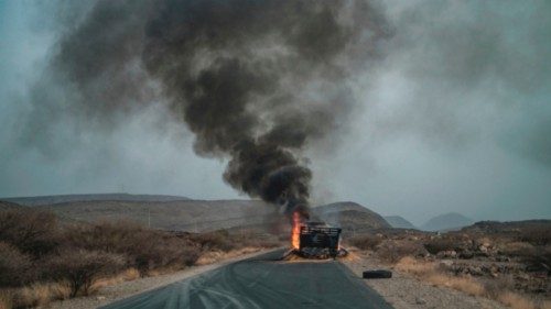 TOPSHOT - A truck, carrying grains to Tigray and belonging to the World Food Programme (WFP), burns ...