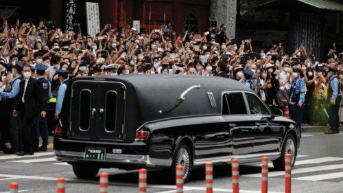 A vehicle carrying the body of the late former Japanese Prime Minister Shinzo Abe, who was shot ...