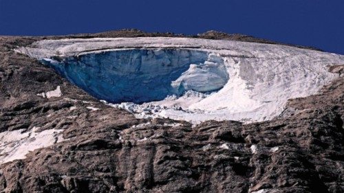 A photograph shows the Punta Rocca glacier that collapsed near Canazei, on the mountain of ...