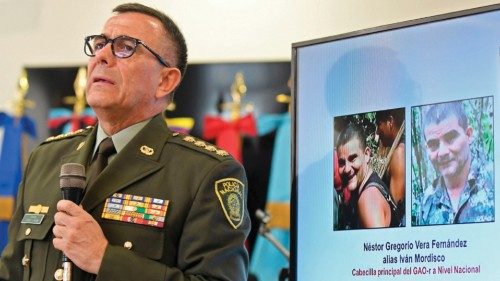 Colombian police commander Jorge Luis Vargas delivers a presentation on the killing of FARC ...