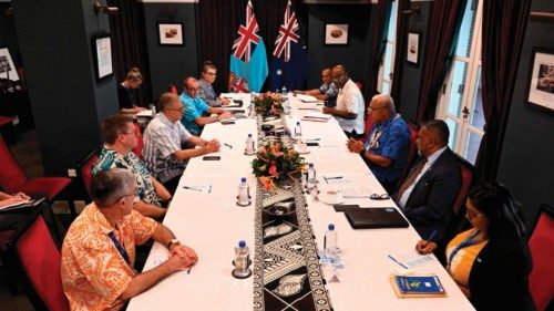 Fiji Prime Minister Frank Bainimarama (3rd-R) meets with Australian Prime Minister Anthony Albanese ...