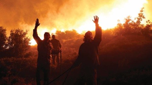 TOPSHOT - Firefighters gestures as they work to extinguish a wild fire in Drafi agglomeration, north ...