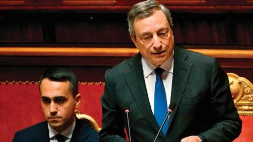 Italy's PM Mario Draghi addresses senators on the government crisis following his resignations last ...
