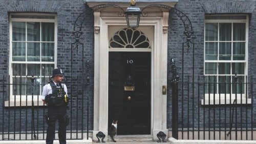 Larry the Cat and a police officer stand outside Number 10 Downing Street in London on July 21, ...