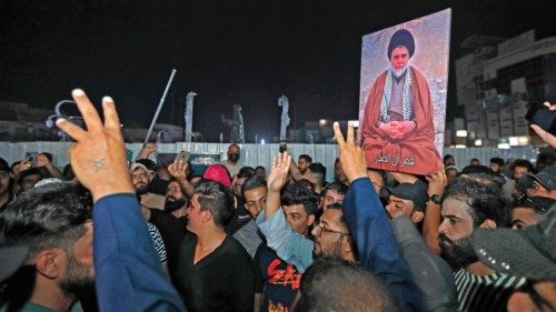 Supporters of the Iraqi cleric Moqtada Sadr (image) protest at a rival bloc's nomination for prime ...