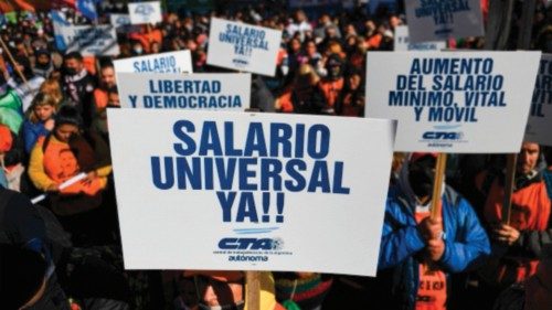 Members of social organizations march to Plaza de Mayo square demanding a universal basic salary and ...