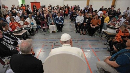 Pope Francis attends a meeting with former students of residential schools at the Nakasuk Elementary ...
