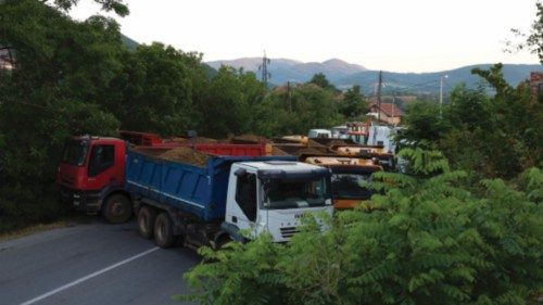 A general view shows trucks blocking a road in Rudare, Kosovo, August 1, 2022. REUTERS/Fatos Bytyci  ...