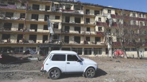 epa08782820 A view of a damaged house in the town of Shushi (another spelling Shusha) in the ... epa08782820 A view of a damaged house in the town of Shushi (another spelling Shusha) in the ...