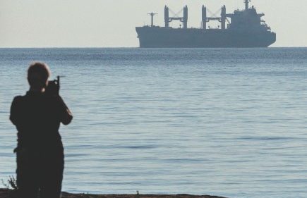 Malta-flagged bulk carrier M/V Rojen vessel, carrying tons of corn, leaves the Ukrainian port of ...