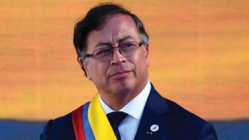 Colombia's new President Gustavo Petro delivers a speech after swearing in during his inauguration ...