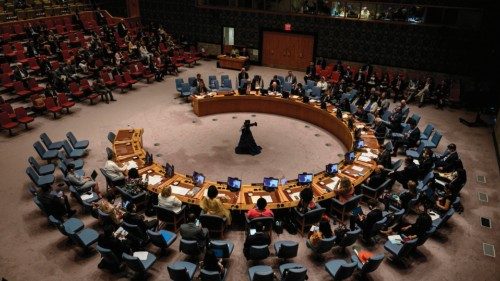 A general view shows a Security Council meeting at the United Nations headquarters in New York on ...