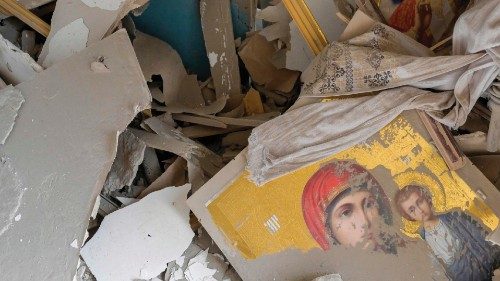 This picture shows debirs of religious pictures in a classroom of a school hit by Russian rockets in ... This picture shows debirs of religious pictures in a classroom of a school hit by Russian rockets in ...