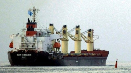 The Lebanese-flagged bulk carrier Brave Commander leaves the sea port of Pivdennyi with wheat for ...