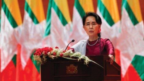 (FILES) In this file photo taken on September 19, 2017, Myanmar's State Counsellor Aung San Suu Kyi ...