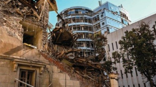 This photograph shows a damaged building following an overnight missile strike in Kharkiv, on August ...