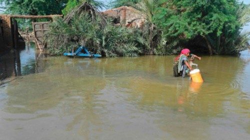 TOPSHOT - A flood affected woman fills drinking water from a partially submerged handpump near by ...