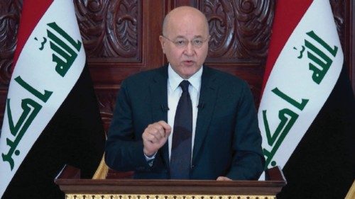 Iraqi President Barham Salih delivers a televised speech in Baghdad, Iraq August 30, 2022. The ...