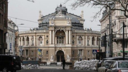epa09863839 A view of Odessa National Academic Theater of Opera and Balletstore building surrounded ...