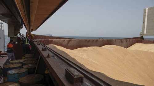 Wheat grain is seen on the MV Brave Commander vessel from Yuzhny Port in Ukraine to the ...