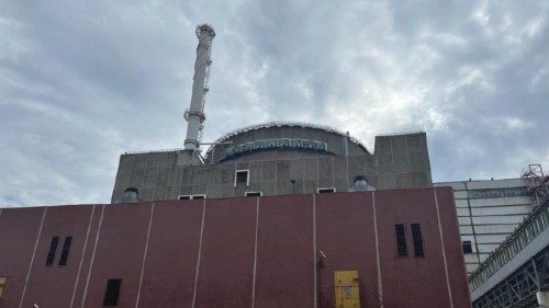 A view shows the Russian-controlled Zaporizhzhia Nuclear Power Plant during a visit by members of ...