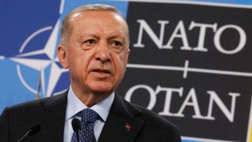 FILE PHOTO: Turkey's President Recep Tayyip Erdogan speaks at a news conference during a NATO summit ...