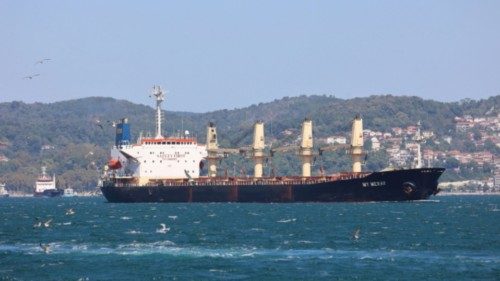 The Belize-flagged My Meray carrying Ukrainian grain sails in the Bosphorus, in Istanbul, Turkey ...