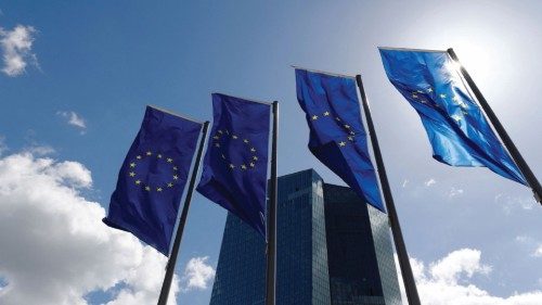 FILE PHOTO: European Union flags flutter outside the European Central Bank (ECB) headquarters in ...