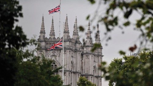 A Union flag flies at half-mast at the top of Westminster Abbey, on September 9, 2022, a day after ...