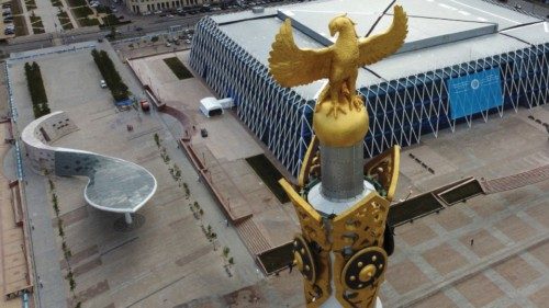 An aerial view shows the Palace of Independence behind the monument Kazakh Eli ahead of the 7th ...