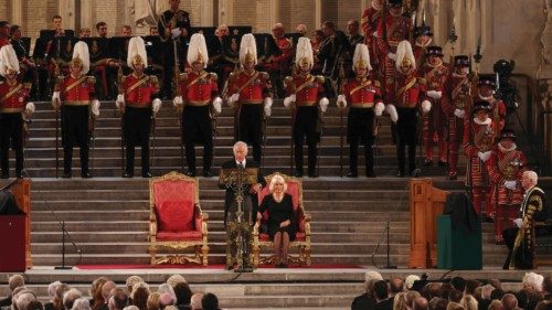 Britain's King Charles speaks during the presentation of addresses by both Houses of Parliament in ...
