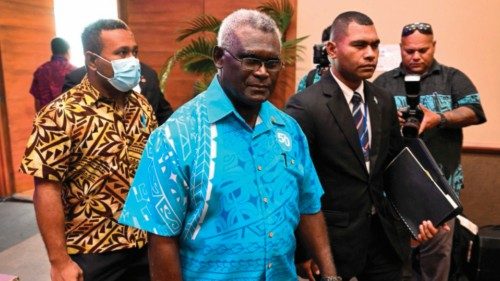 (FILES) This file photo taken on July 12, 2022 shows Solomon Islands Prime Minister Manasseh ...