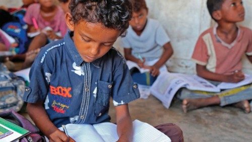 Yemeni children attend lessons at a makeshift school as the new school year starts in the war-torn ...