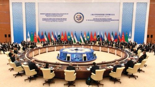 Participants attend an extended-format meeting of heads of the Shanghai Cooperation Organization ...