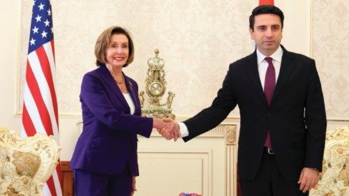 Armenia's Head of the Parliament Alen Simonyan (R) meets with US House Speaker Nancy Pelosi in the ...