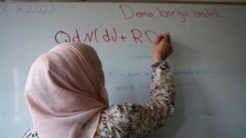 School teacher Dalal Mohammad, 45, teaches the Kurdish language at a school in Qamishli, in ...