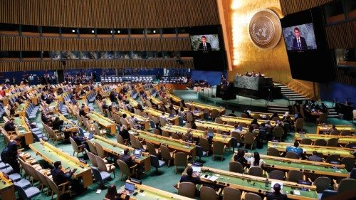 French President Emmanuel Macron addresses the 77th session of the United Nations General Assembly ...